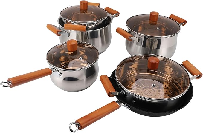 Kitchen Cookware Set Cookware Set Rustproof Wooden Handle Even Heating for Steaming Boiling Making Soup