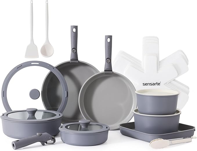 SENSARTE 24 Piece Ceramic Pots and Pans Set Nonstick Detachable Handle Cookware Induction Kitchen Cookware Set with Removable Handle Healthy Non Stick for RV Dishwasher＆Oven Safe PFOA Free (Gray)