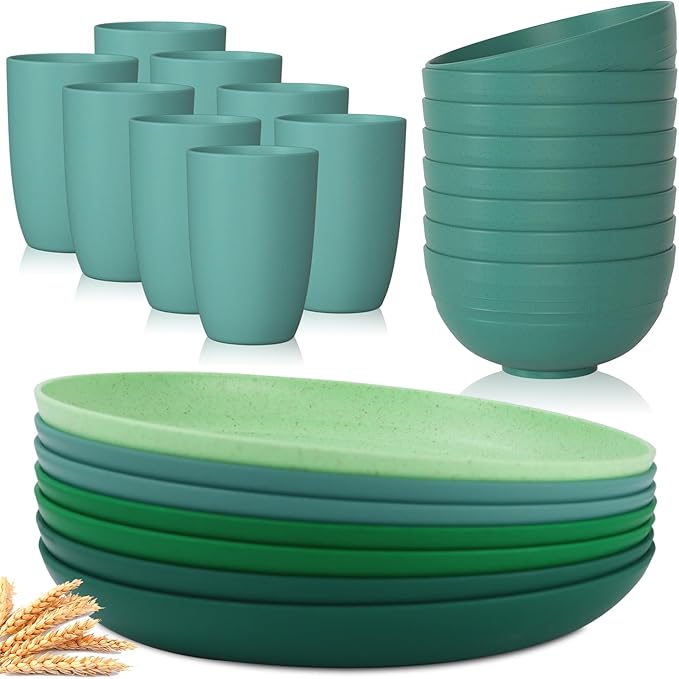 Homienly 24 PCS Wheat Straw Dinnerware Set of 8 Dessert Plates Set of 8-10 inch Cereal Bowl Set 12OZ Dishwasher Safe Cups (Green)