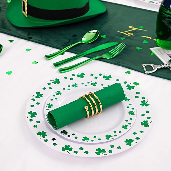WDF 125pcs St. Patrick’s Day Plastic Plates with Shamrock Clover &amp Disposable Silverware - Premium White and Green Plastic Dinnerware for Wedding &ampParties Special for St. Patrick’s Day