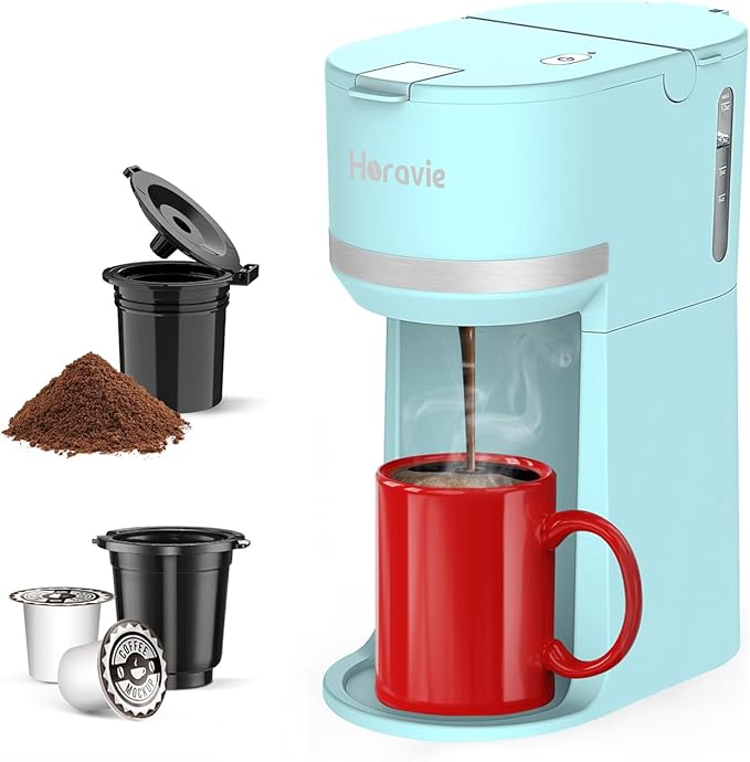 Mini Single Serve Coffee Maker for K Cup and Ground Coffee Fast Brew One Cup Coffee Machine with Descaling Reminder and Water Window 6 to 12 oz. Brew Sizes Light Blue