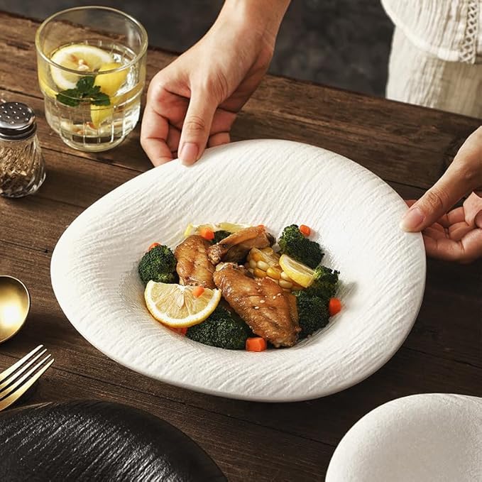 Ceramic Dinnerware Set Stone Textured Cloud and Snowflake Design Irregular Shape White Includes Plates and Bowls for Salads Desserts Pasta (White 10 inches)