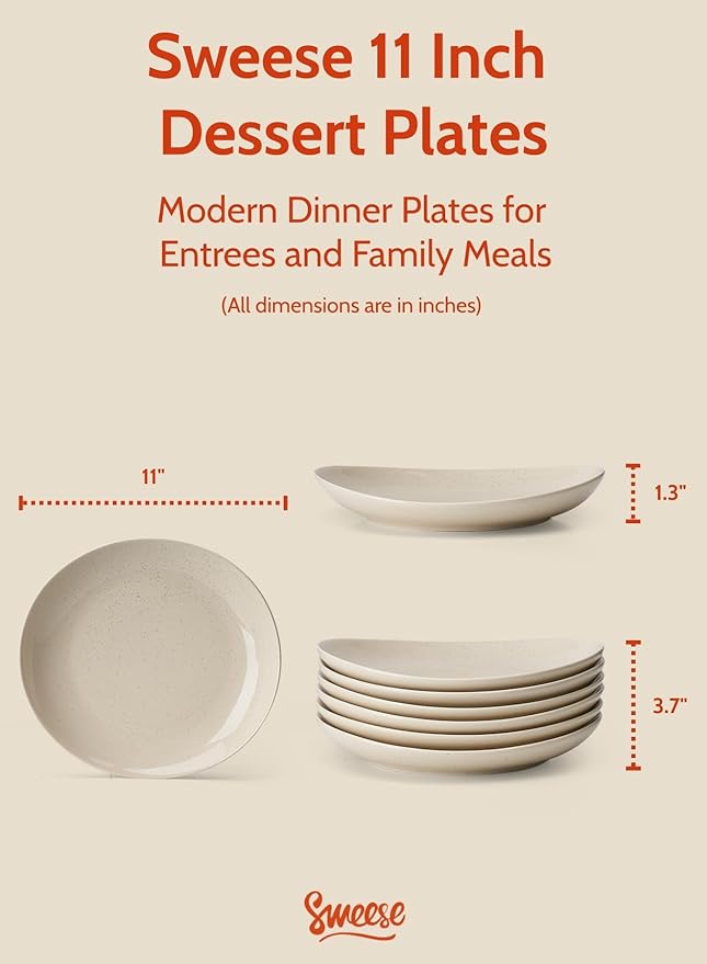 Sweese 11 Inch Porcelain Dinner Plates Set of 6 - Beige Vitrified China Curve Collection Dishwasher Microwave Safe