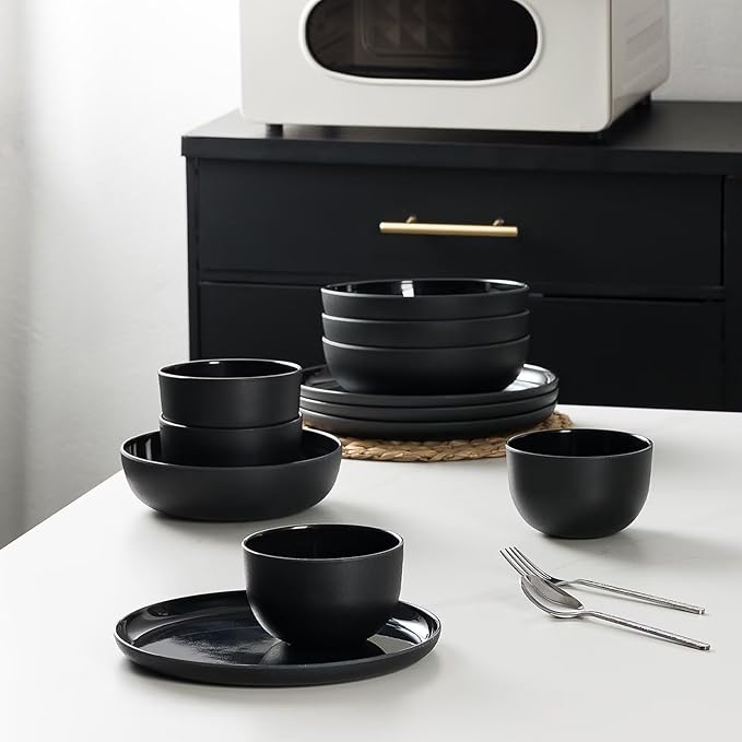 MissYIP Melamine Dinnerware Sets 12pcs Service for 4 Unbreakable Reusable Kitchen Dinnerware Set Outdoor Camping Dishes BAP free Dishwasher SafeNot oven-safe or microwavable(Black)
