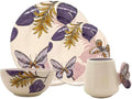 ARTESA ORGANICS BRIGHT NATURE LILA Ceramic Dinnerware Set Lilac Butterfly Pattern with Tropical Leaves Handmade &amp Hand-Painted 4-Piece Collection Microwave Safe
