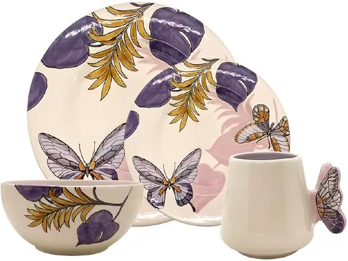 ARTESA ORGANICS BRIGHT NATURE LILA Ceramic Dinnerware Set Lilac Butterfly Pattern with Tropical Leaves Handmade &amp Hand-Painted 4-Piece Collection Microwave Safe