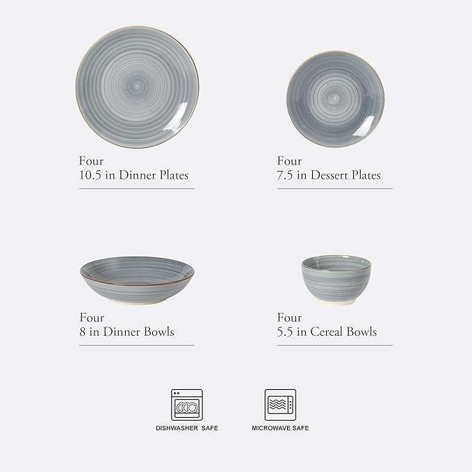 Gibson Home Stonebury 16 Piece Plates and Bowls Blue Dishes - Handpainted Stoneware Dinnerware Set - Service for 4