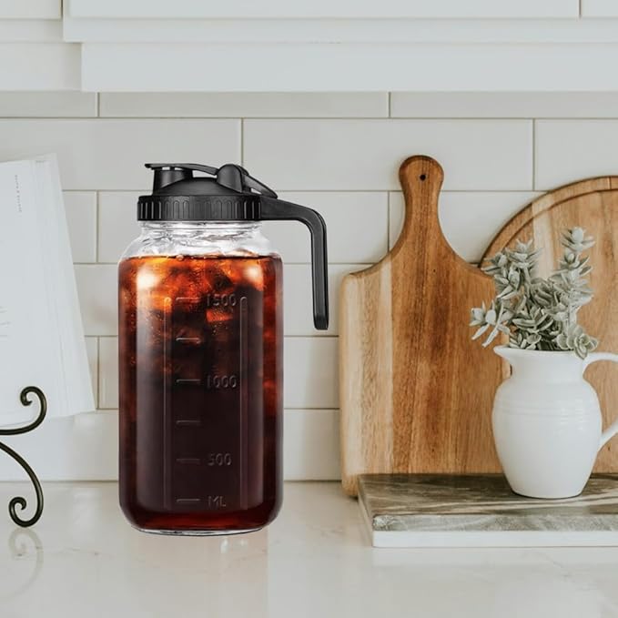 64 oz (2 Quart) Black Cold Brew Coffee Maker Iced Tea Machines Thick Glass with Pour Spout Handle Lid Stainless Steel Filter for Iced Coffee Fruit Drinks or Sun Tea (1)