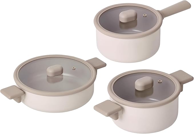 Chou Chou Kitchen Essential 6-Pieces Cookware Set with Lid Healthy Cooking Ceramic Coating 7 Saucepan 8 Casserole 9.5 Low Pot Induction Compatible Kitchenware Made in Korea