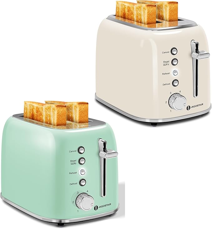 Aigostar Toaster 2 Slice Retro Stainless Steel 1.6 inch Extra Wide Slots Bread Toaster Bagel Cancel Defrost Function 6 Shade Settings &amp Removable Crumb Tray Waffle Tortilla