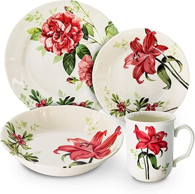 Tudor Royal 12-Piece Round Porcelain Dinnerware Set Service for 6 RosemarySummer Flowers Plates Bowls Dishes Glossy Premium Quality Dish Set Unique Pattern