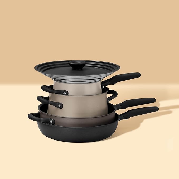 Meyer 6pc Stackable Set with Universal Lids | Hard Anodized Non Stick and Stainless Steel Pots and Pans | Induction Compatible | Dishwasher Safe | Oven Safe | Black &amp Gray | Accent Series Cookware