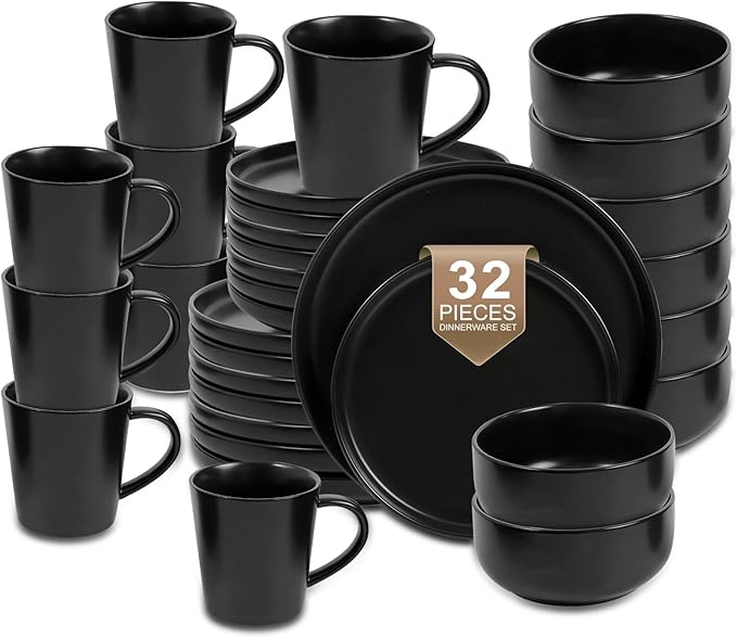 EWFEN Plates and Bowls Sets 32 Pieces Ceramic Dinnerware Set for 8 Stoneware Dishware Dishes Set Scratch Resistant Dishes Set Dishwasher &amp Microwave Safe Black