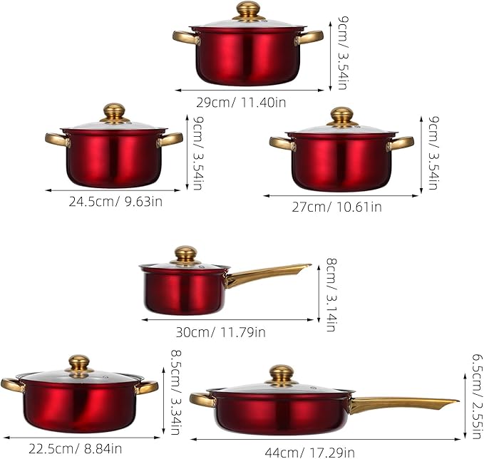 Toyvian Stainless Steel Cookware Set - 12-Piece Red Nonstick Pots And Pans With Clear Glass Lids For Induction Cooktop - Milk And Frying Pan Kitchen Essentials Dishwasher Safe