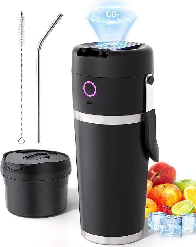 Cordless Juicer with Vacuum Insulated Stainless Steel Container 14000RPM Motor Smoothie Mixer Portable Mixing Cup Stainless Steel Vacuum Blender for Cold Drink