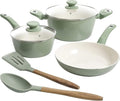 7 Piece Nonstick Aluminum Cookware Set Mint Green Pots and Pans Induction Compatible Kitchen Essentials (Mint Green)