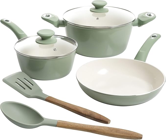7 Piece Nonstick Aluminum Cookware Set Mint Green Pots and Pans Induction Compatible Kitchen Essentials (Mint Green)