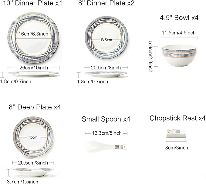 Plates and Bowls Sets for 4 1st-Class Bone-China Dinnerware Sets 19 Pieces Porcelain Dinner Dish Sets Handcrafted Golden Trim Tableware Set Home Décor Dinnerware 45% Bone Meal (Gold)