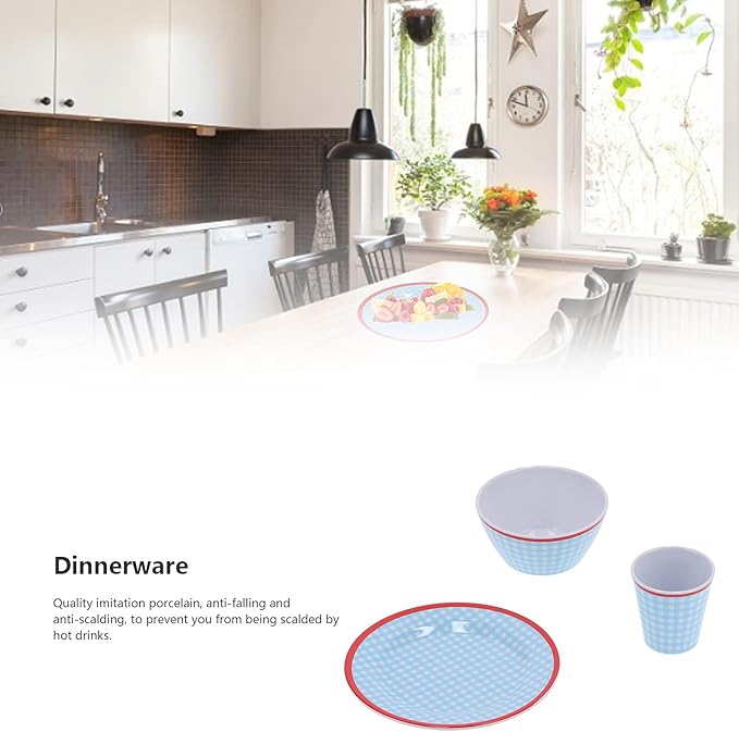 12Pcs Household Light Blue Grid Dinnerware Set Melamine Material for Home Kitchen Restaurant Family Use