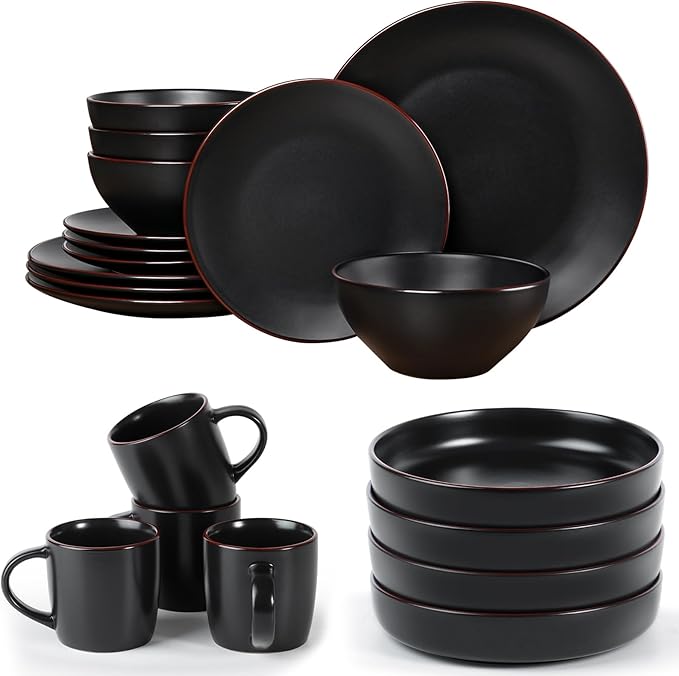 Famiware Venus Dinnerware Sets and Mercury Pasta Bowls Set and Mercury Coffee Mugs Set of 4 20 Pieces Plates and Bowls Sets Microwave and Dishwasher Safe Matte Black