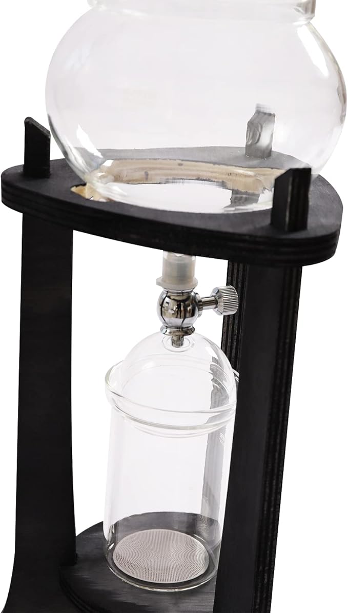 Cold Brew Coffee Maker 600ml Iced Coffee Drip Tower with Adjustable Copper Valve 304 Stainless Steel Filter &amp Glass Pots Retro Wood Stand Manual Pour-Over Iced Coffee Maker