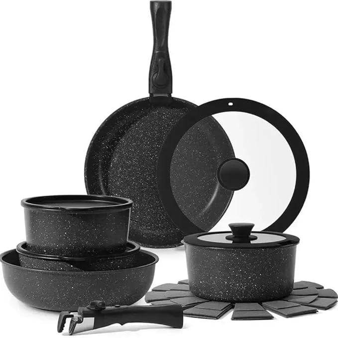 15Pcs Pots and Pans Set Nonstick Kitchen Cookware Set with Detachable Handle Induction Cookware DishwasherWhite15 Pc-Black-15 pc
