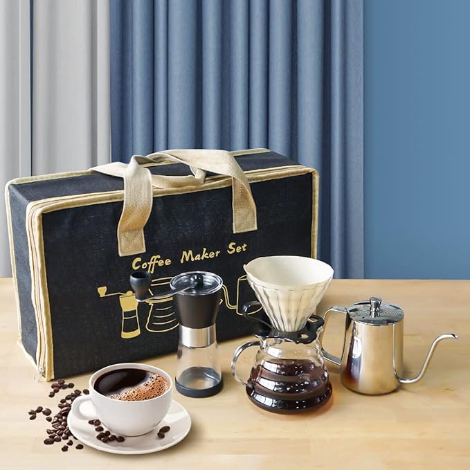 SOTECH Pour Over Coffee Maker Set with Black Gooseneck Kettle Wooden Filter Holder Coffee Dripper Glass Server with Paper Coffee FiltersDIY Manual Coffee Maker Set (Eco-Setbag)