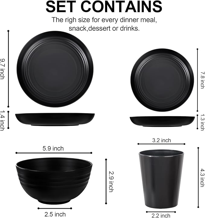 LIYH 24 Pcs Black Wheat Straw Dinnerware Sets Unbreakable Plates and Bowls Set Plastic Dinnerware Set Include Wheat Straw Plates Bowls Cups Dishes for Kitchen&amp Camping