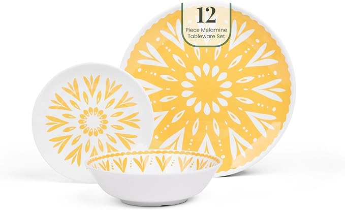 Larder &amp Vine 12-Piece Melamine Dinnerware Set: Durable Lightweight Break-Resistant Plates &amp Bowls – Stylish Non-Toxic Dishwasher Safe – Ideal for Everyday Use Indoor &amp Outdoor Dining