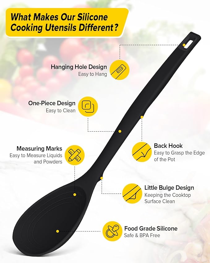 Silicone Cooking Utensils Set 9 Pcs Heat Resistant Kitchen Utensils with Back Hooks BPA Free Kitchen Tools with Spatulas Spoons Skimmer and Pasta Fork for Non Stick Cookware (BLACK)