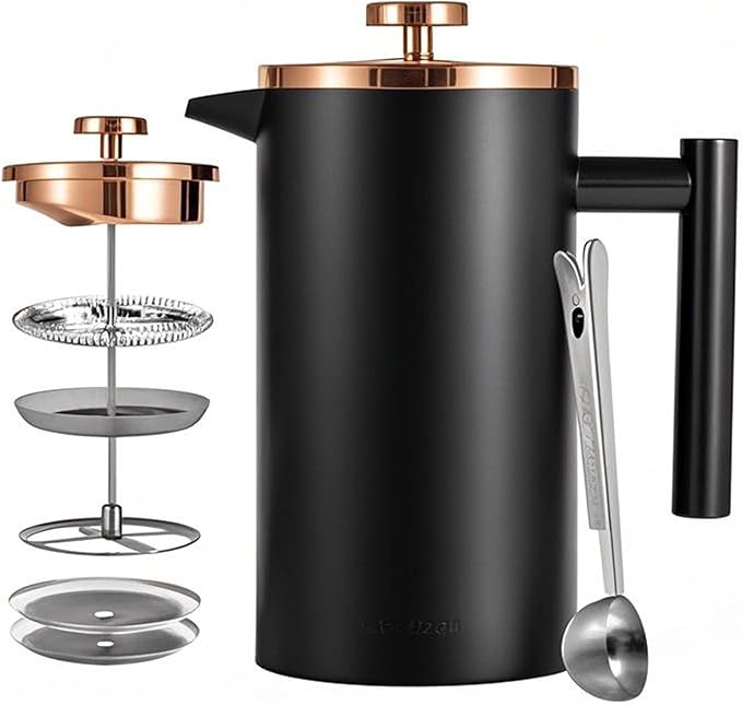 Black French Press Stainless Steel 34oz Double Wall Insulated Coffee Press 1L for travel camping with 2 Extra Filter Screens and 1 Coffee Spoon（8cup 1000ml）