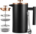 Black French Press Stainless Steel 34oz Double Wall Insulated Coffee Press 1L for travel camping with 2 Extra Filter Screens and 1 Coffee Spoon（8cup 1000ml）
