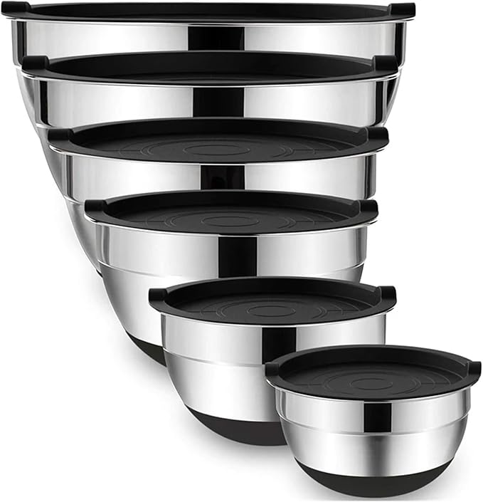 6 Pcs Mixing Bowls With Lids And Non Slip Bases Stainless Steel Set For Baking Nesting Storage