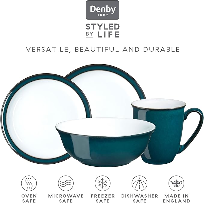 Denby - Greenwich Dinner Set For 4-16 Piece Tableware Green White - Dishwasher Microwave Safe Crockery - 4x Dinner Plate 4x Small Plate 4x Cereal Bowl 4x Coffee Mugs - Chip Crack Resistant