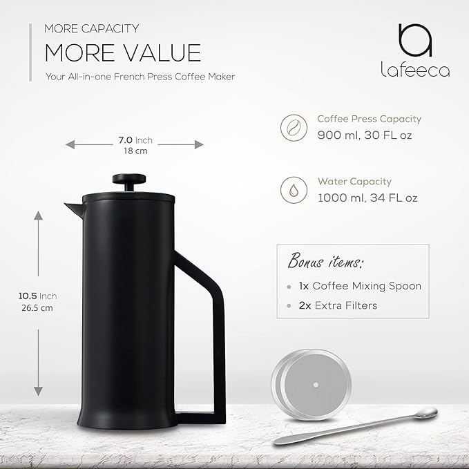 LAFEECA Modern Stainless Steel French Press Coffee Maker - Matt Black 34oz Double Wall Vacuum Insulated Unbreakable Design for Home &amp Office Perfect for Coffee &amp Tea Lovers