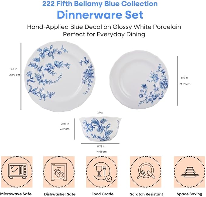 222 Fifth 12-Piece Porcelain Dinnerware Set for 4 White &amp Blue Plates and Bowls Set Glossy Ceramic Dish Set with Beautiful Floral Design Elegant Kitchen Dishes Microwave &amp Dishwasher Safe