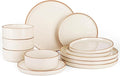 Famiware Nebula Plates and Bowls Sets for 4 12 Pieces Stoneware Dinnerware Set Microwave and Dishwasher Safe Dishes Set Vanilla White with Brown Rim