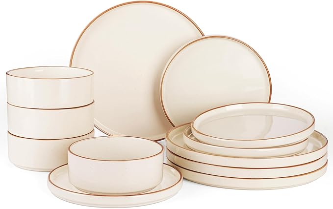 Famiware Nebula Plates and Bowls Sets for 4 12 Pieces Stoneware Dinnerware Set Microwave and Dishwasher Safe Dishes Set Vanilla White with Brown Rim