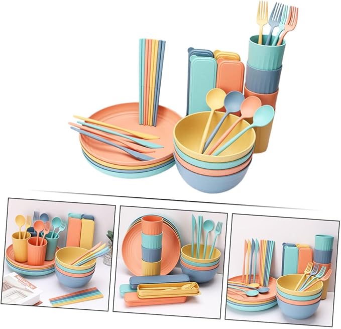 4Sets Portable Wheat Straw Cutlery Set Home Dinnerware Set with Bowls Plates Cups and Utensils Microwave and Dishwasher and Kitchen Tableware