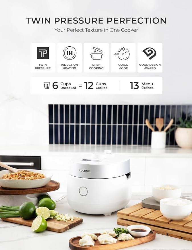 CUCKOO CRP-MHTR0309F | 3-Cup (Uncooked) Twin Pressure Induction Heating Rice Cooker | 11 Menu Options: High/Non-Pressure &amp More Made in Korea | White 3 Cups