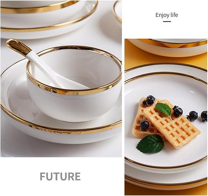 Gold and White Porcelain Dinnerware Set Ceramic Bowl and Plate Set for Household and Hotel Dining (Bright 6people Set)