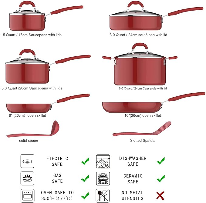 Amazon Basics Aluminum Non-Stick Cookware Set Oven Safe Dishwasher Safe Stay-Cool Handles 12-Piece Red