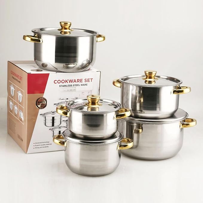 Stainless Steel Cookware Set – Kitchen Cooking Gadget Kit with Non Stick Versatile Potware for Pasta Soup Stewing | Household Camping Dorm Apartment Everyday Food Making