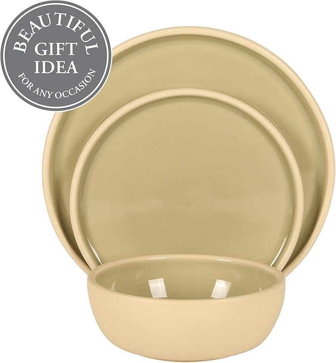 Gibson Elite - Made in Portugal - Port Gaia 12 Piece (Service for 4) Plates and Bowls Reactive Glaze Dishes Stoneware Ceramic Dinnerware Set - Grey