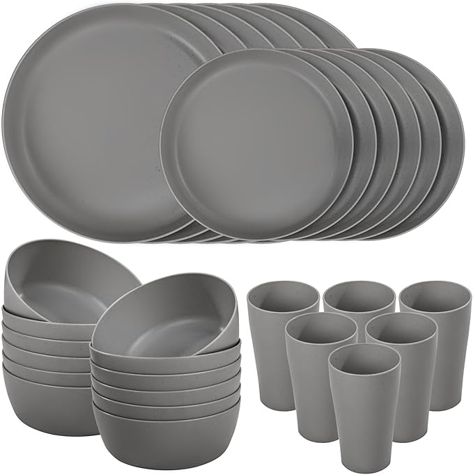 EI 24pcs Wheat Straw Dinnerware SetDark Grey Plates and Bowls SetsUnbreakable Dinner PlatesReuasble Plastic PlateMicrowave Dishwasher Safe for CampingPicnincFamily Dinner