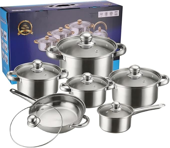 Stainless Heavy Steel Pots and Pans Set 12PCS Ktichen Stainless Steel Nonstick Cookware Set with Glass Lids Full Clad Cooking Set with Stay-Cool Handles Dishwasher Safe Compatible with All Stovetops A