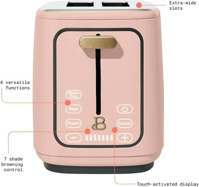 2 Slice Digital Toaster with Touch Control Panel Adjustable Toast Shade Settings Wide Bread Openings Bagel &amp Frozen Modes Removable Crumb Tray (Rose)