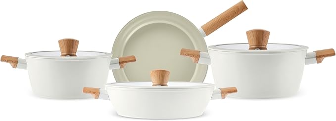 Karaca Swiss Crystal Almond - 7 Piece Non Stick Pots and Pan Set with Lids Induction Compatible Crystal Coated Ceramic Nonstick Kitchen Cookware Sets for Cooking without Oil - Cream