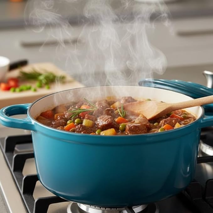 Hamilton Beach 3-Quart Enameled Cast Iron Dutch Oven Navy with Cream Interior | Even Heat Distribution &amp Easy-Grip Handles | Ideal for Braising RoastingStewing &amp Bread Baking