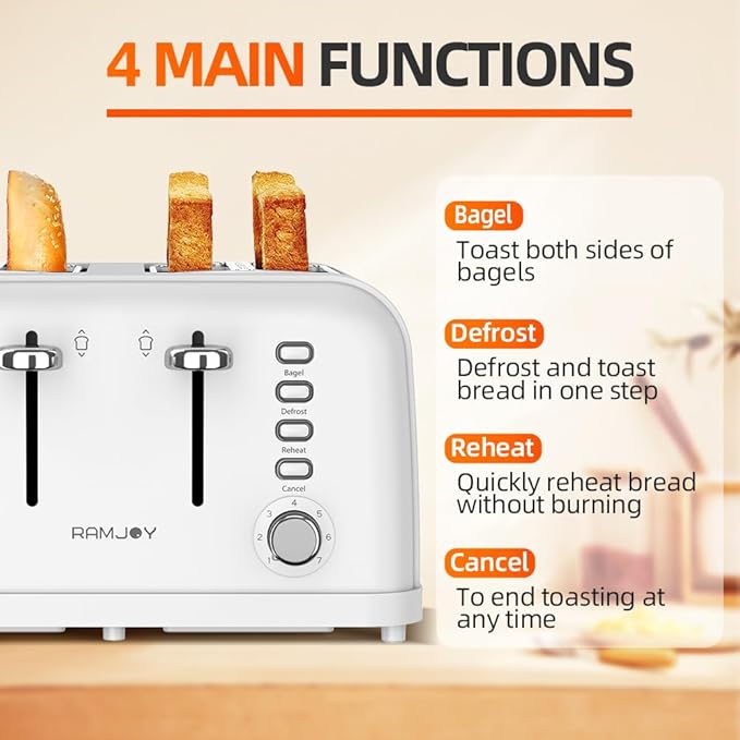 White Toaster 4 Slice Dual Independent Controls Extra Wide Slot Toasters for Bagel Bread Waffles 7 Shade Settings 4 Main Functions Removable Crumb Tray 1500 Watts White Stainless Steel